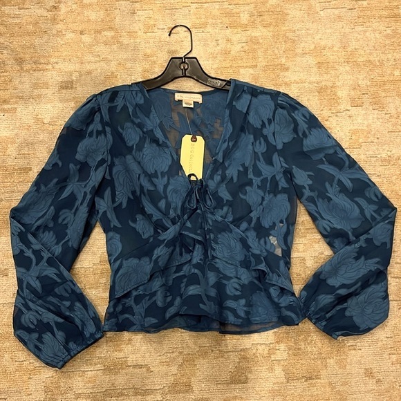 NWT BOG Collective blouse. Sheer clipped jacquard- deep turquoise Large Juniors - Picture 1 of 8
